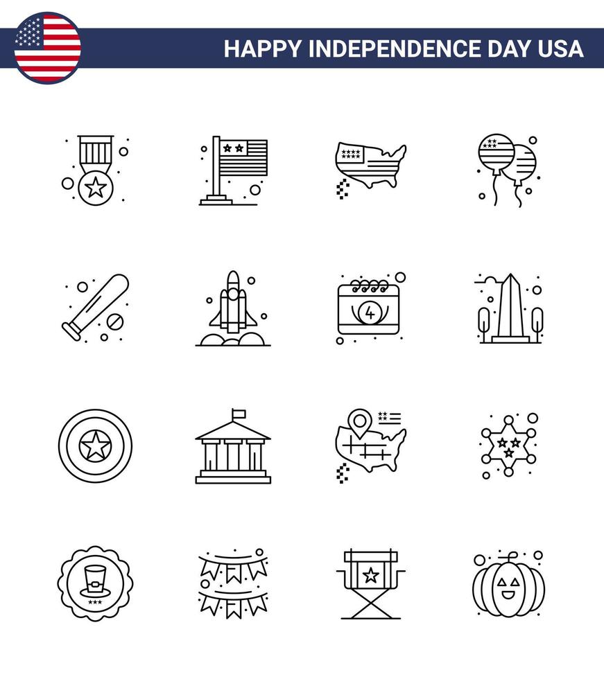 16 USA Line Signs Independence Day Celebration Symbols of baseball american american fly bloon Editable USA Day Vector Design Elements