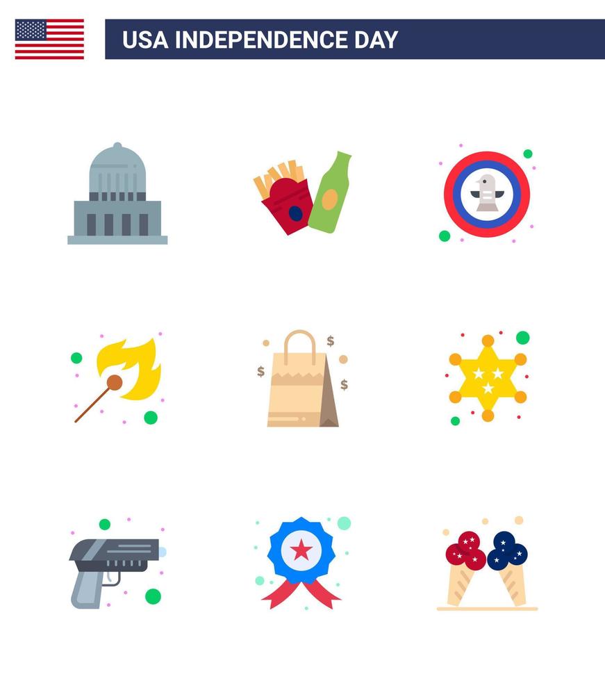 Set of 9 Vector Flats on 4th July USA Independence Day such as handbag outdoor bird match camping Editable USA Day Vector Design Elements