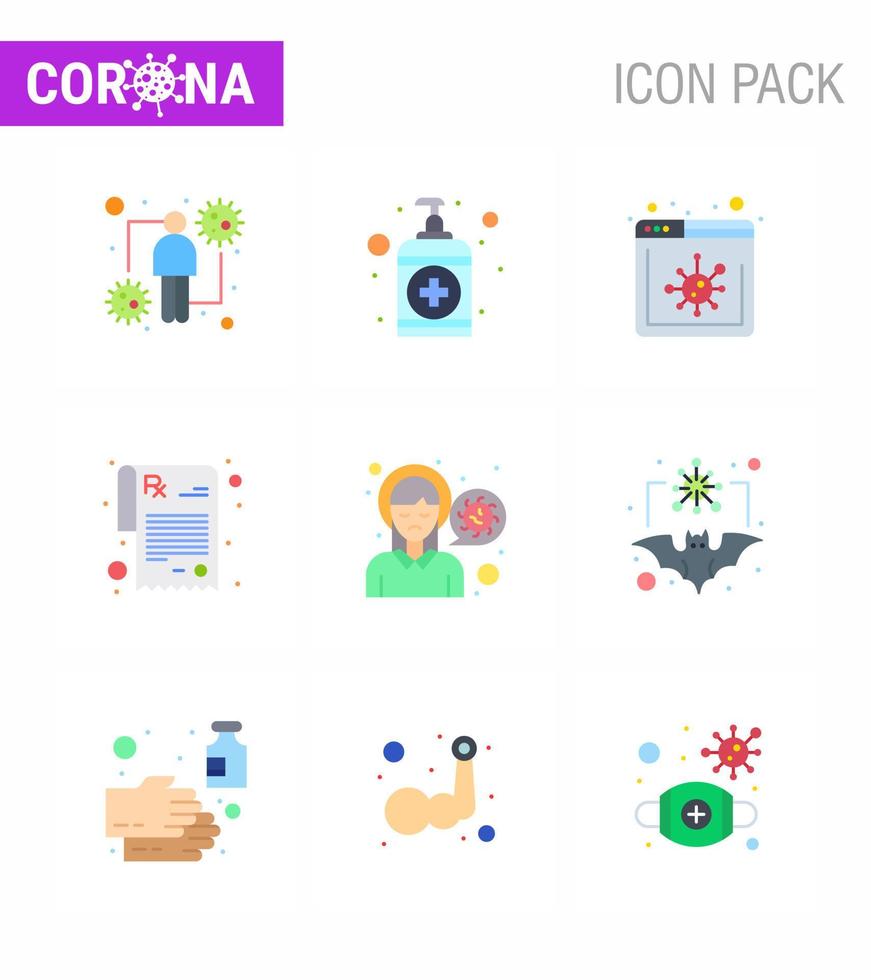 Coronavirus awareness icons 9 Flat Color icon Corona Virus Flu Related such as pain head care rx pharmacy viral coronavirus 2019nov disease Vector Design Elements