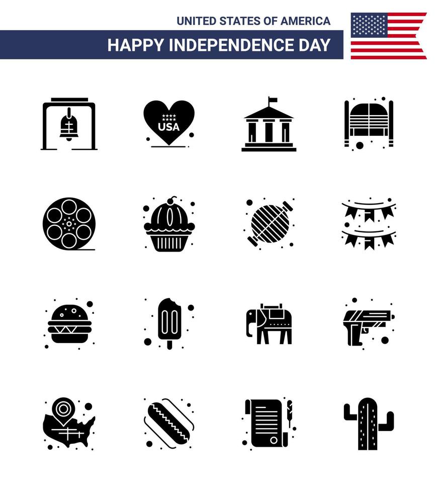 Pack of 16 creative USA Independence Day related Solid Glyphs of movis day bank saloon bar Editable USA Day Vector Design Elements