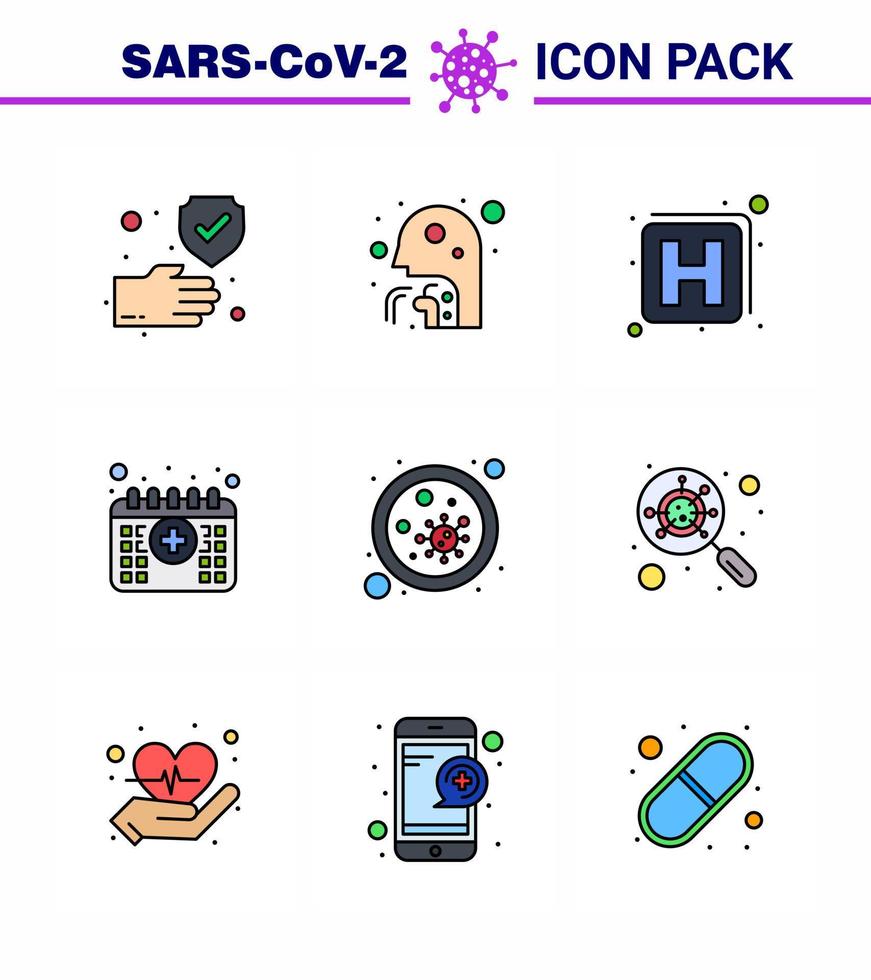 9 Filled Line Flat Color viral Virus corona icon pack such as blood time throat medical appointment viral coronavirus 2019nov disease Vector Design Elements