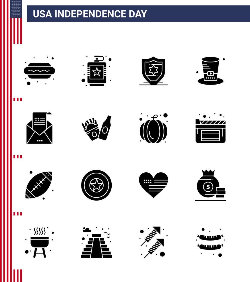 Set of 16 Vector Solid Glyphs on 4th July USA Independence Day such as envelope usa liquid presidents day Editable USA Day Vector Design Elements