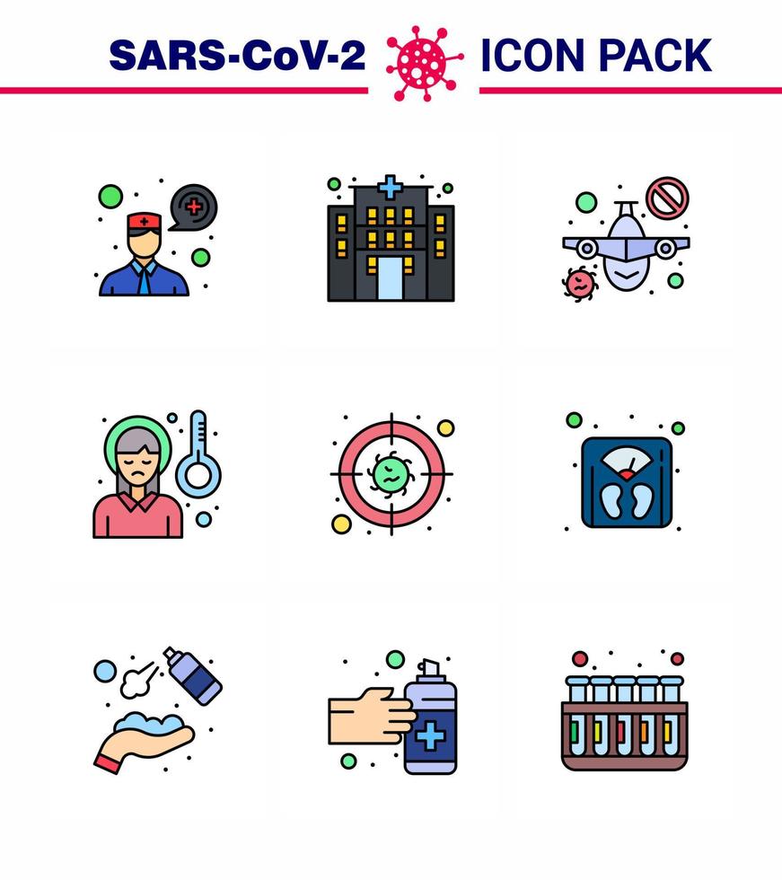 9 Filled Line Flat Color Coronavirus disease and prevention vector icon disease target travel sickness fever pain viral coronavirus 2019nov disease Vector Design Elements