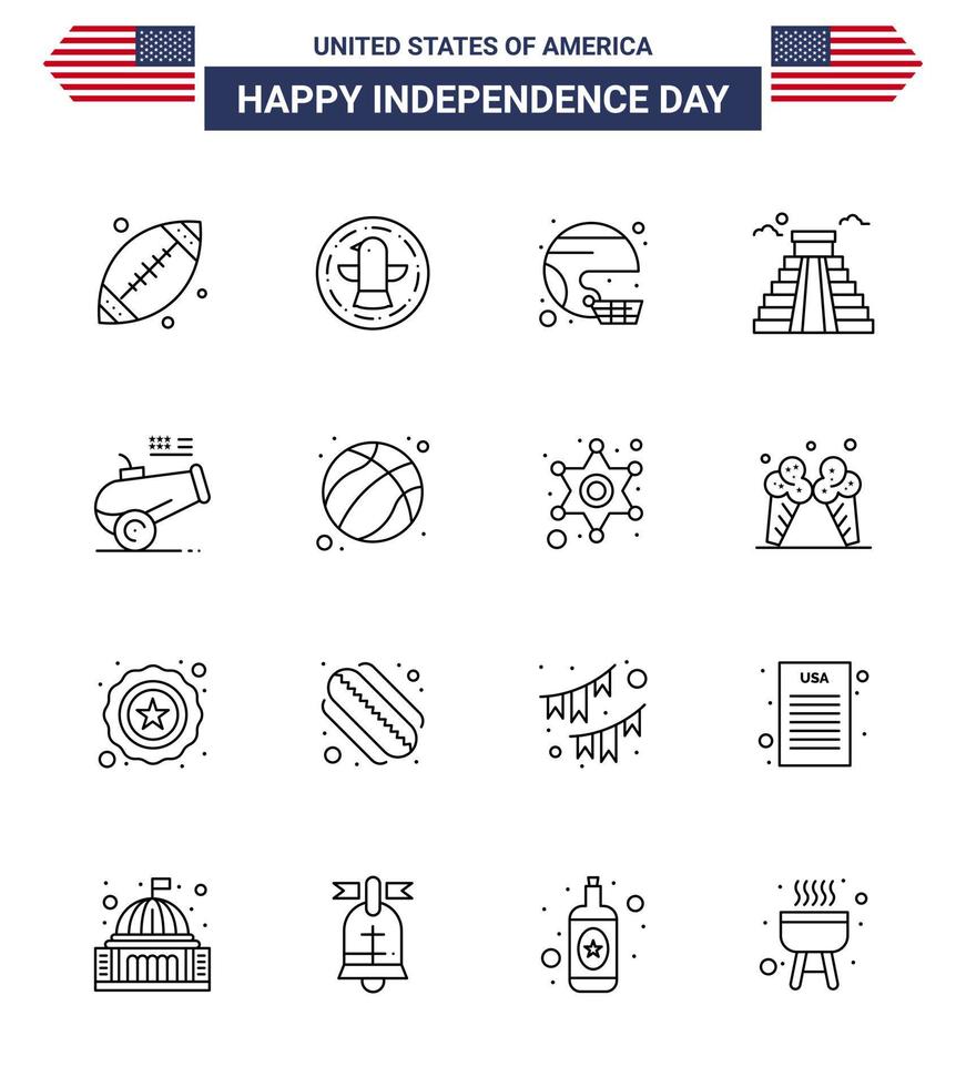 paquete grande de 16 líneas vectoriales de estados unidos feliz día de la independencia de estados unidos y símbolos editables de elementos de diseño de vectores del día de estados unidos editables del estado de construcción estadounidense hito de estados unidos