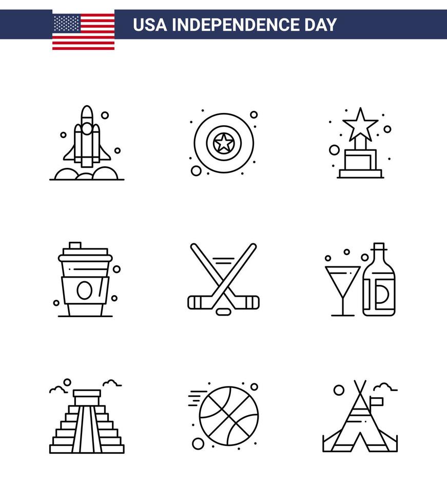 Stock Vector Icon Pack of American Day 9 Line Signs and Symbols for sport hokey achievement usa drink Editable USA Day Vector Design Elements