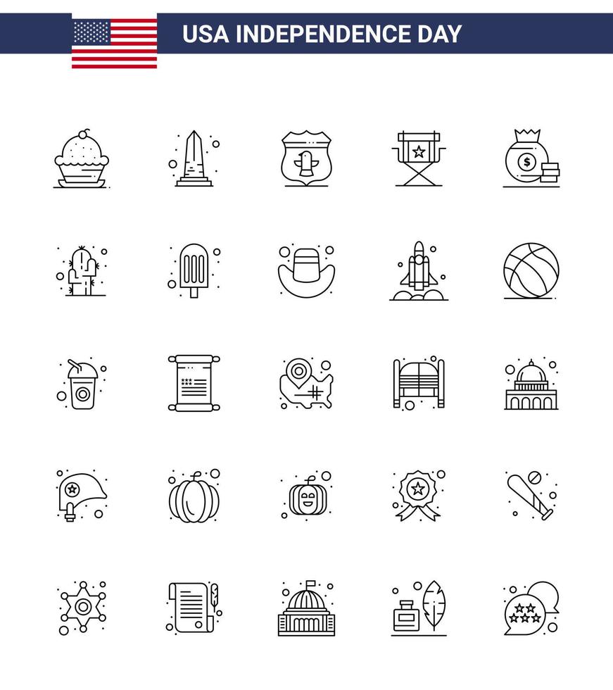 conjunto de 25 iconos del día de los ee.uu. símbolos americanos signos del día de la independencia para el director estrella silla de los ee.uu. elementos de diseño vectorial editables del día de los ee.uu. vector