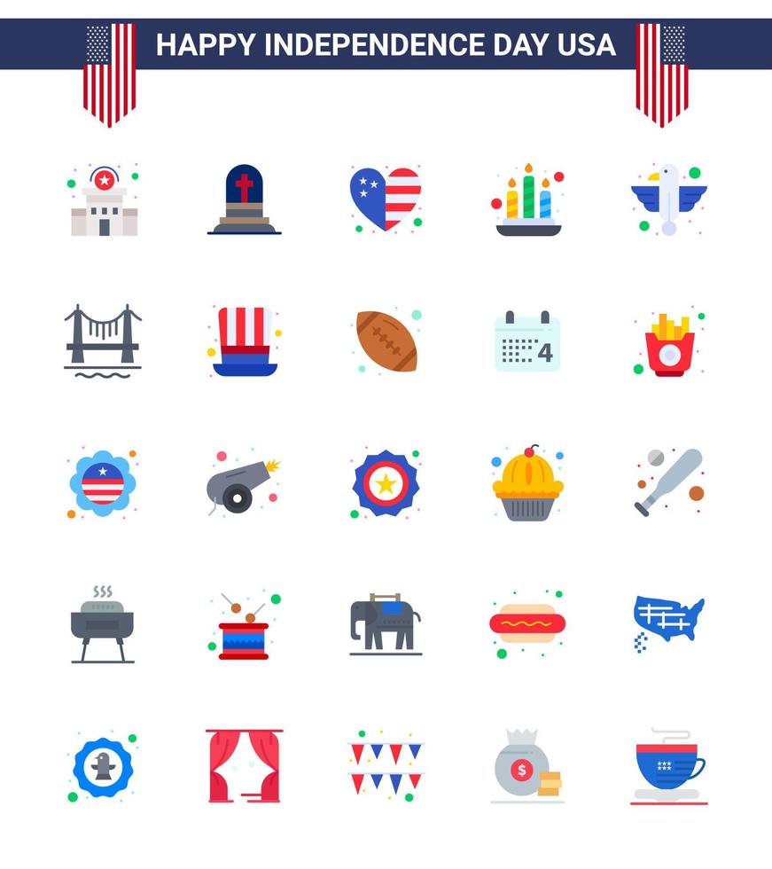 Happy Independence Day USA Pack of 25 Creative Flats of bird american heart light candle Editable USA Day Vector Design Elements