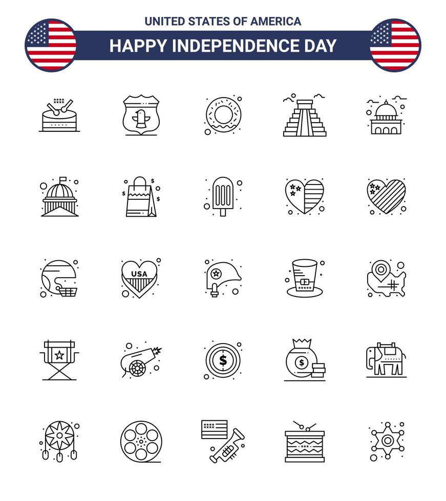 feliz día de la independencia usa paquete de 25 líneas creativas de edificio emblemático donut usa hito elementos de diseño vectorial editables del día de usa vector