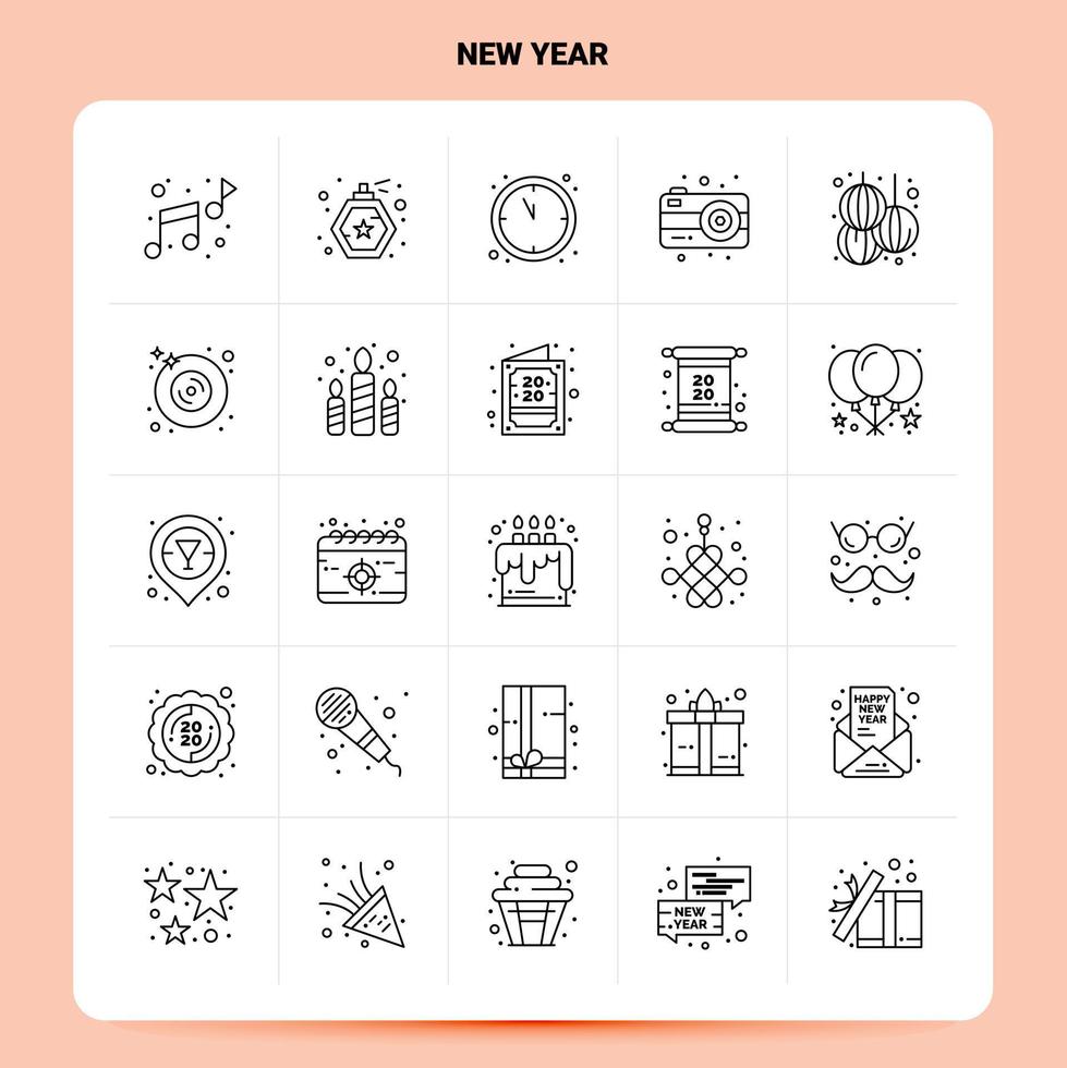 OutLine 25 New Year Icon set Vector Line Style Design Black Icons Set Linear pictogram pack Web and Mobile Business ideas design Vector Illustration