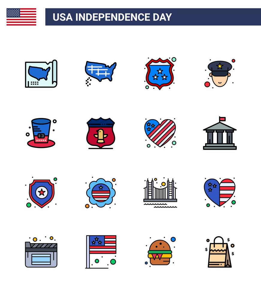 Set of 16 Modern Flat Filled Lines pack on USA Independence Day american sheild man usa hat Editable USA Day Vector Design Elements