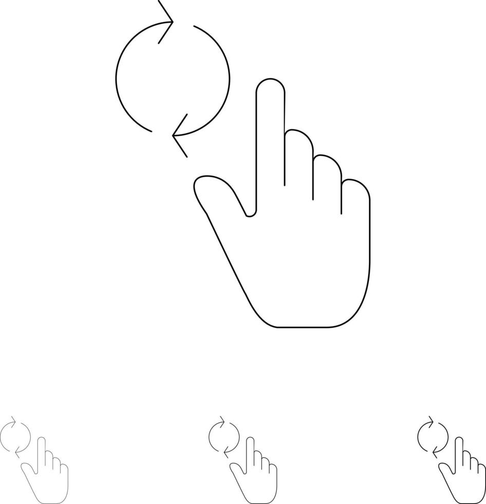 gesto de actualización de la mano del dedo conjunto de iconos de línea negra en negrita y delgada vector