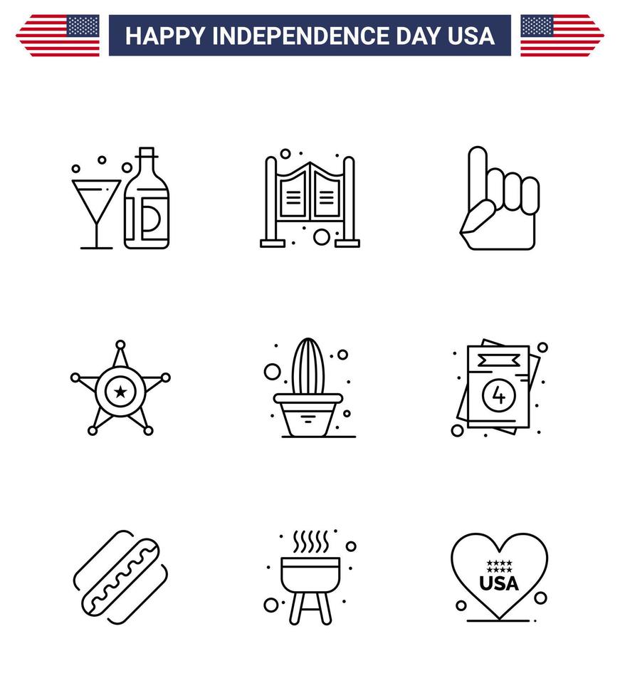 Set of 9 Vector Lines on 4th July USA Independence Day such as cactus star western police american Editable USA Day Vector Design Elements