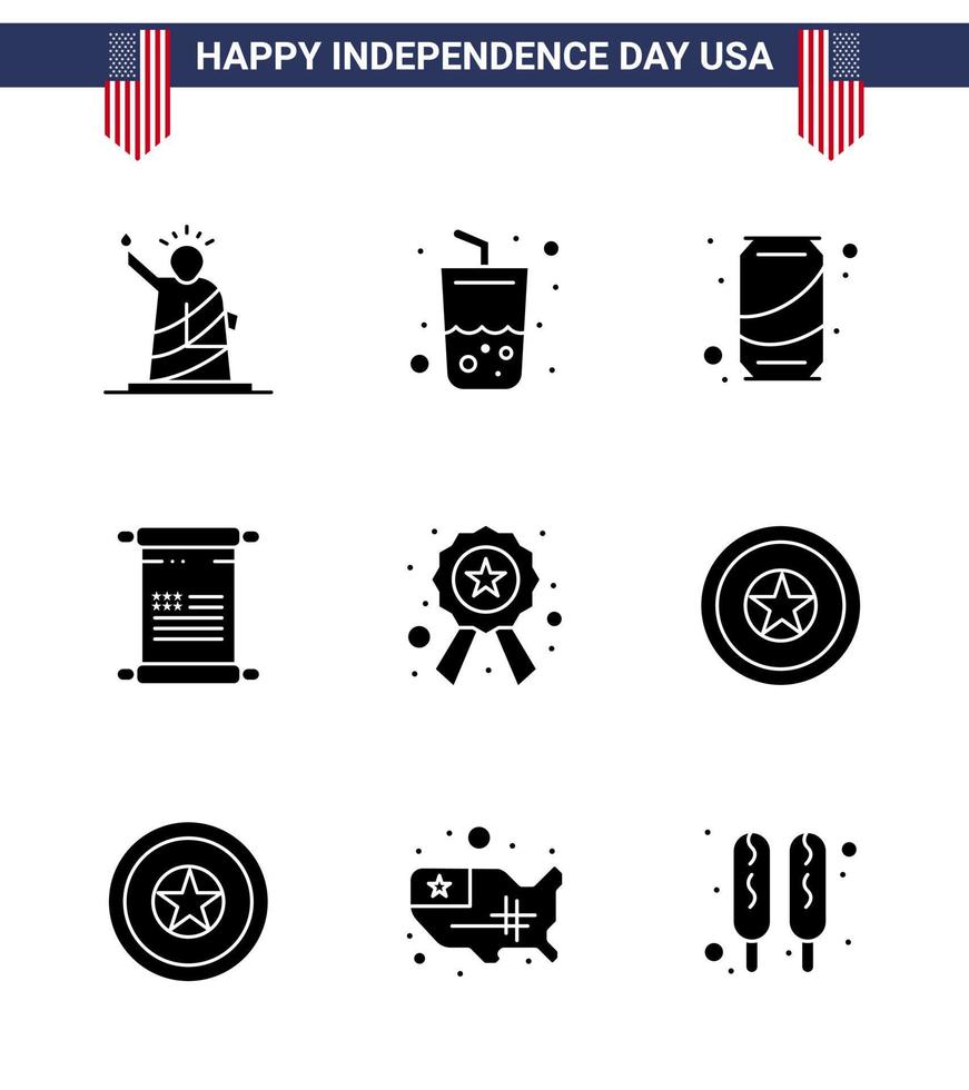 Happy Independence Day USA Pack of 9 Creative Solid Glyphs of badge american cola text cola Editable USA Day Vector Design Elements