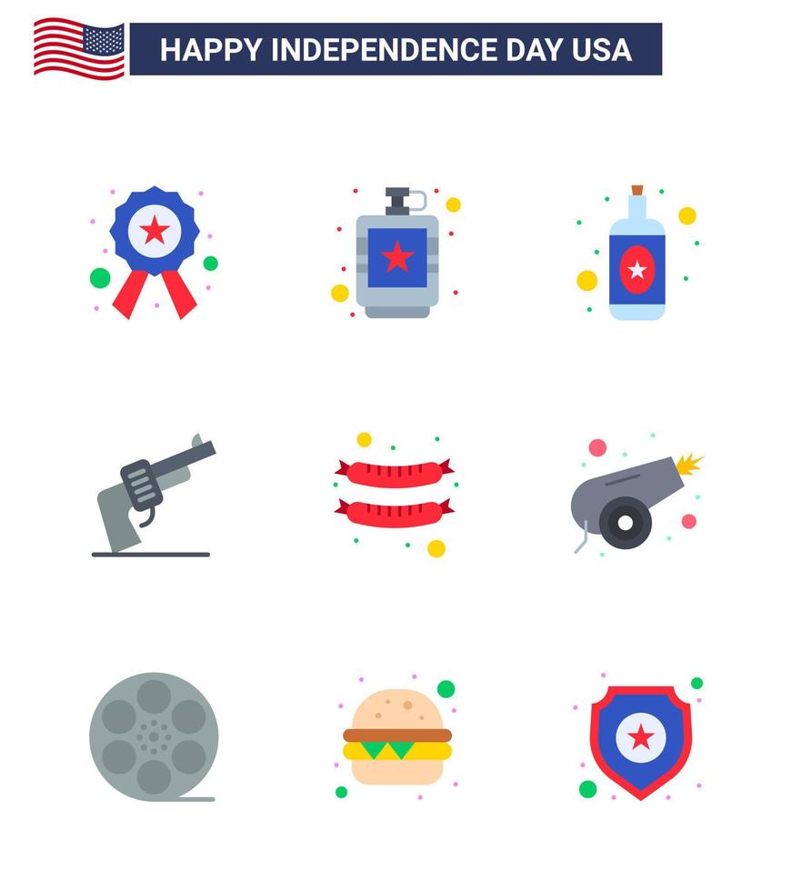 Flat Pack of 9 USA Independence Day Symbols of frankfurter american liquid weapon gun Editable USA Day Vector Design Elements