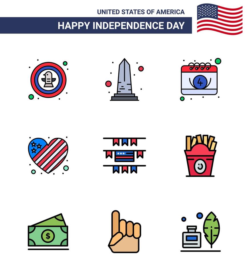 9 USA Flat Filled Line Pack of Independence Day Signs and Symbols of love flag usa american date Editable USA Day Vector Design Elements