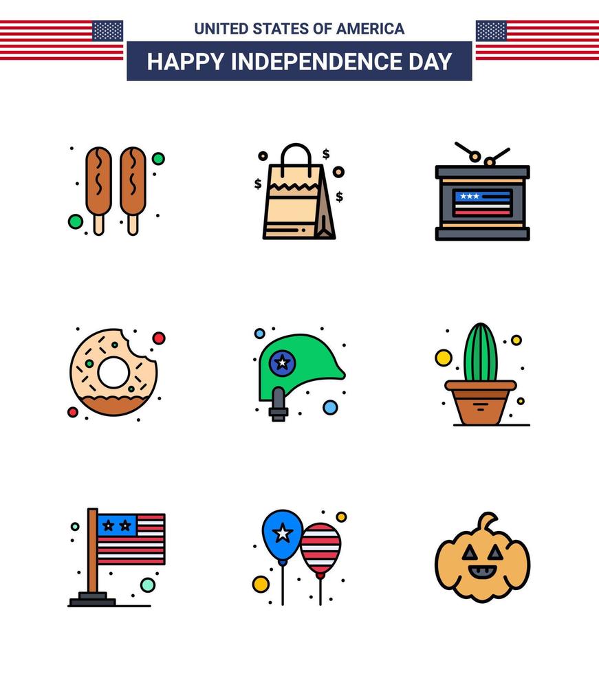 Flat Filled Line Pack of 9 USA Independence Day Symbols of protection head holiday food round Editable USA Day Vector Design Elements