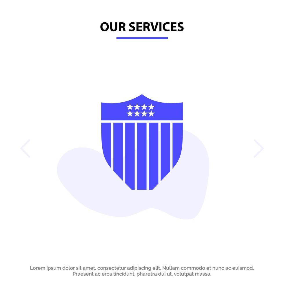 nuestros servicios american shield security usa plantilla de tarjeta web de icono de glifo sólido vector