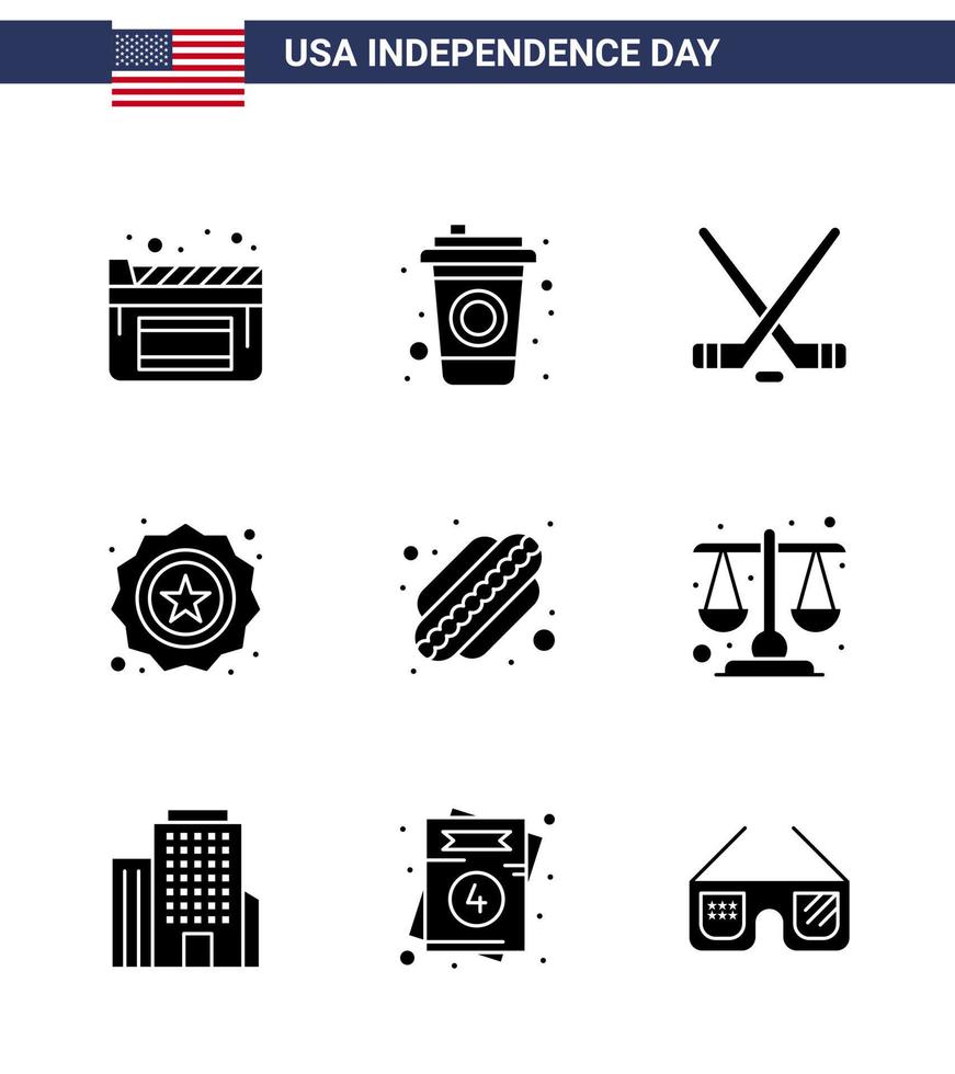 Set of 9 Vector Solid Glyphs on 4th July USA Independence Day such as court hotdog sport american badge Editable USA Day Vector Design Elements