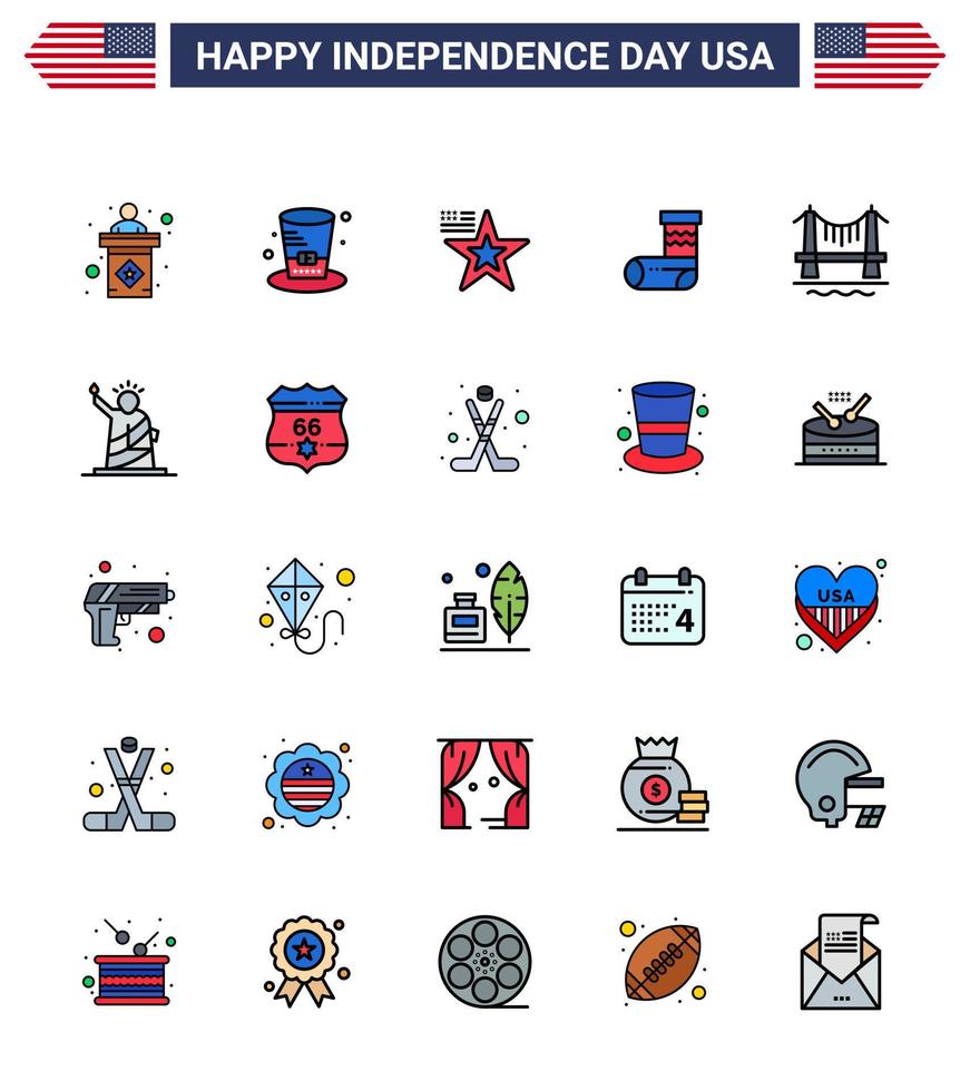 25 USA Flat Filled Line Pack of Independence Day Signs and Symbols of building gift star festivity celebration Editable USA Day Vector Design Elements