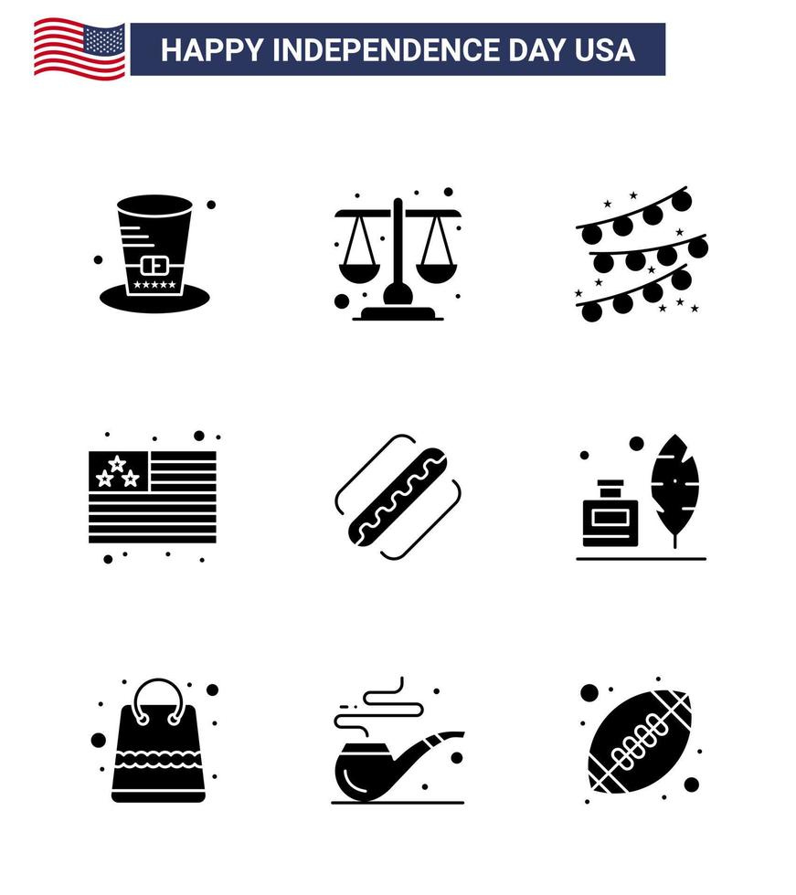 Solid Glyph Pack of 9 USA Independence Day Symbols of states american buntings america flag Editable USA Day Vector Design Elements
