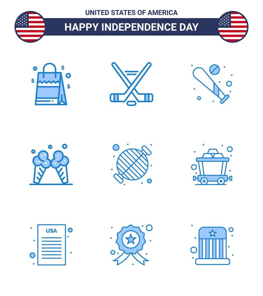 Happy Independence Day Pack of 9 Blues Signs and Symbols for food cream ball ice usa Editable USA Day Vector Design Elements