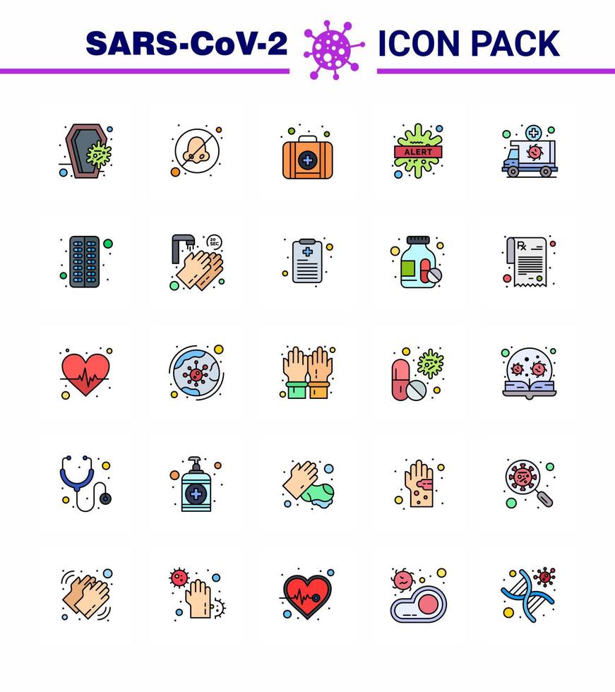 conjunto de iconos covid19 para el paquete infográfico de 25 líneas llenas de color plano, como la enfermedad de la ambulancia, evitar bacterias, alertar coronavirus viral 2019nov, elementos de diseño de vectores de enfermedades