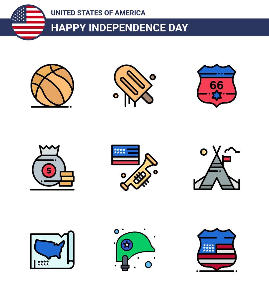 Group of 9 Flat Filled Lines Set for Independence day of United States of America such as speaker american american money dollar Editable USA Day Vector Design Elements
