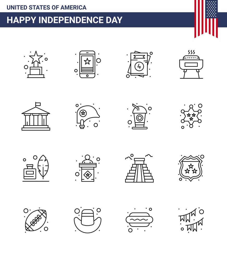 Set of 16 Vector Lines on 4th July USA Independence Day such as flag holiday invitation festivity barbeque Editable USA Day Vector Design Elements