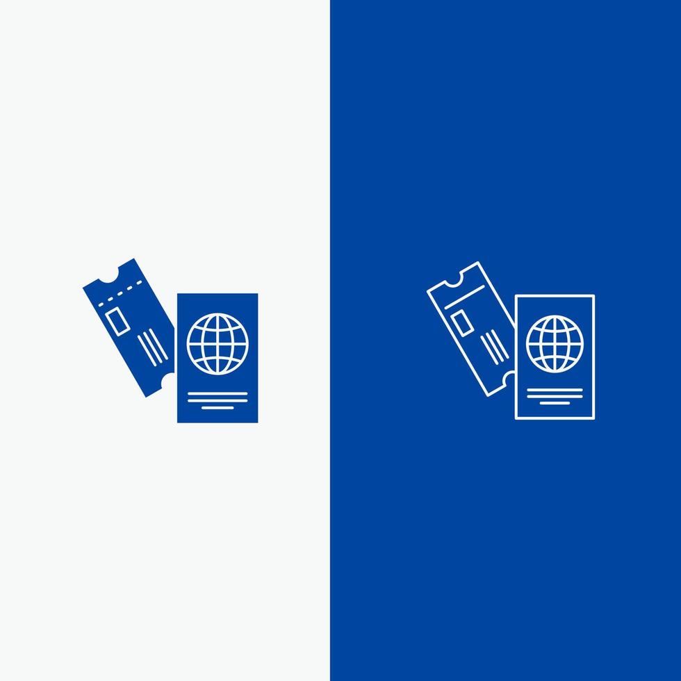 pasaporte boletos de negocios viajes línea de vacaciones y glifo icono sólido línea de bandera azul y glifo icono sólido bandera azul vector