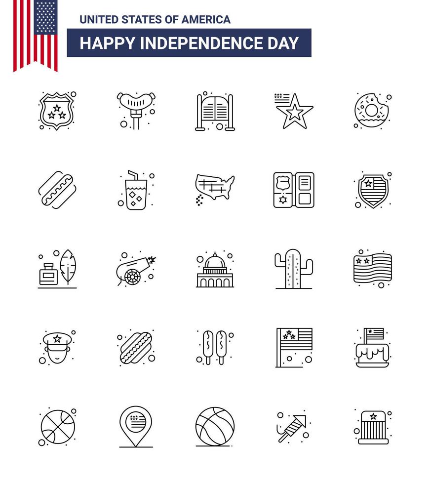 Happy Independence Day 4th July Set of 25 Lines American Pictograph of round usa doors flag star Editable USA Day Vector Design Elements