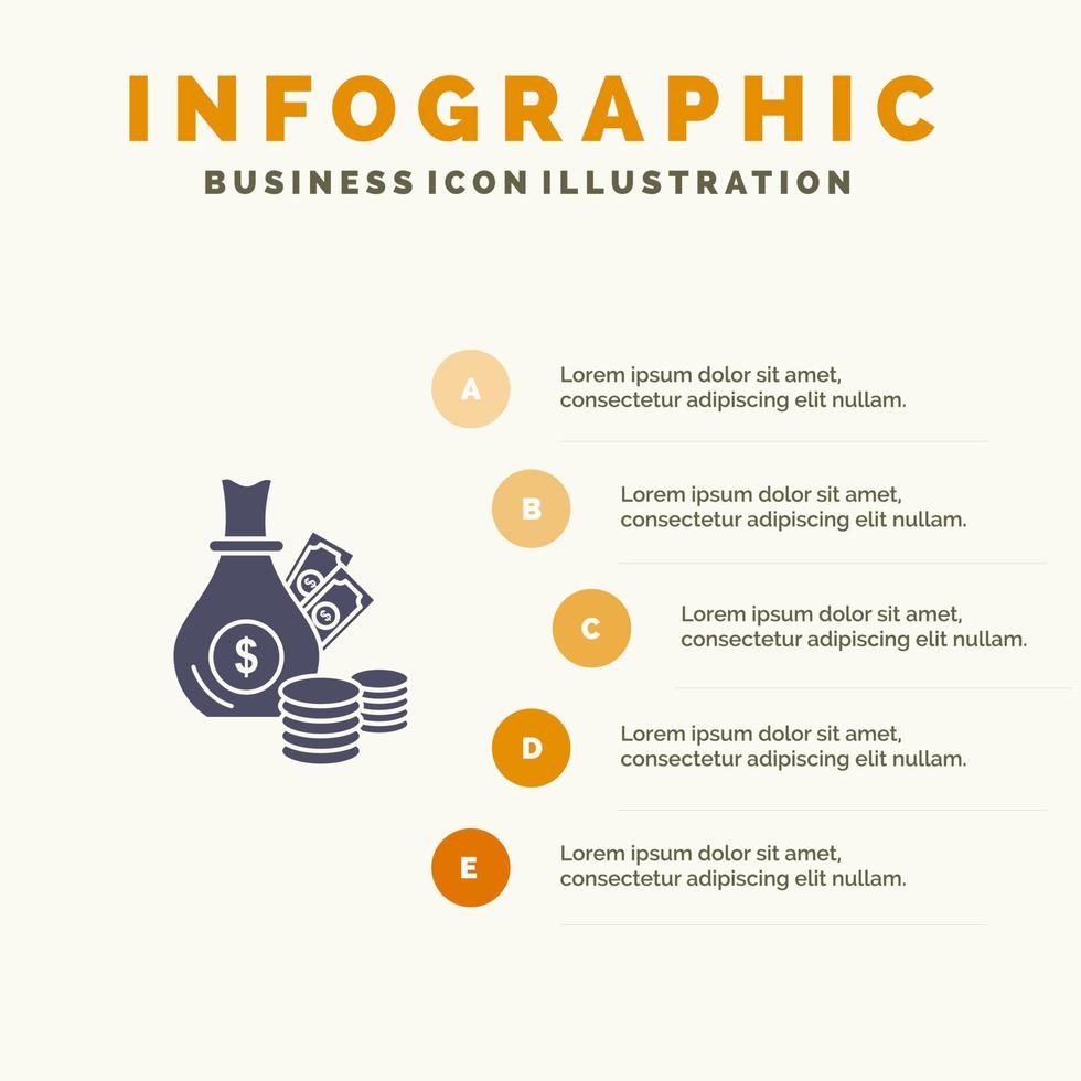 Money Bank Business Coins Gold Solid Icon Infographics 5 Steps Presentation Background vector