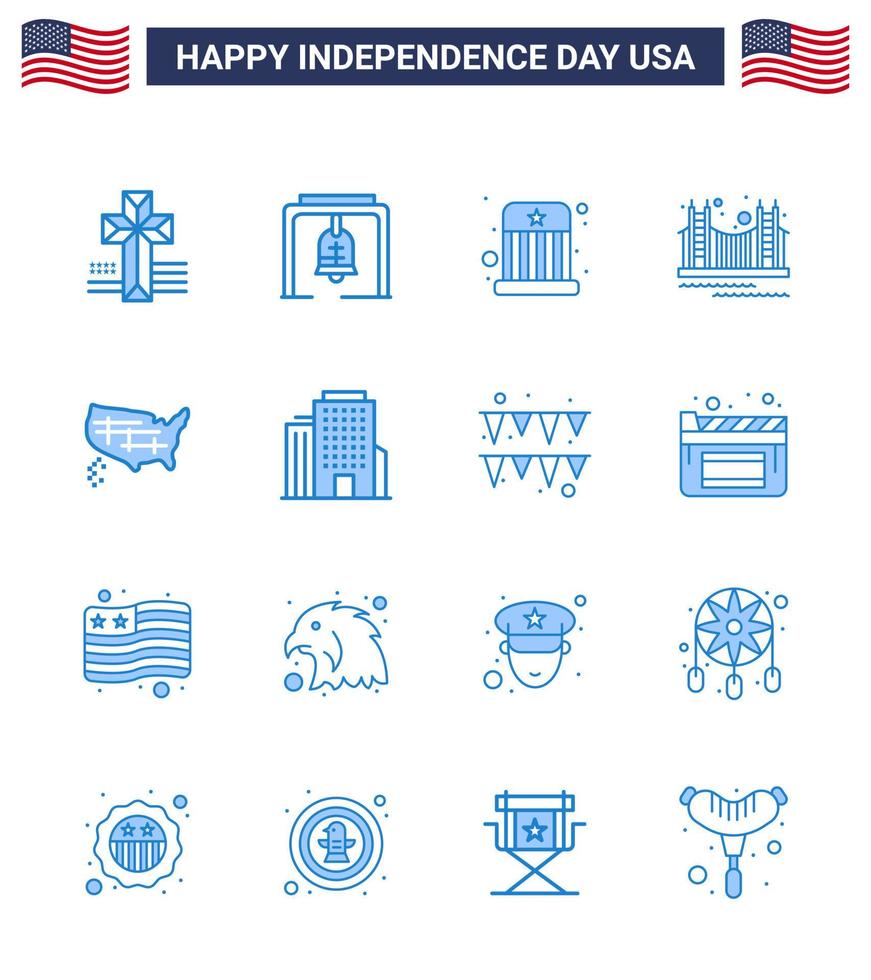 4th July USA Happy Independence Day Icon Symbols Group of 16 Modern Blues of map tourism entertainment landmark gate Editable USA Day Vector Design Elements