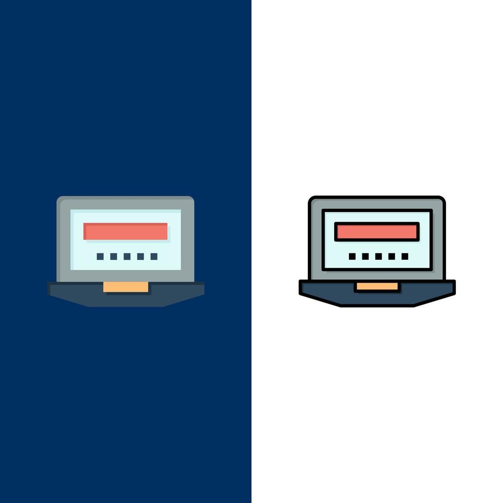 iconos de educación de hardware de computadora portátil plano y conjunto de iconos llenos de línea vector fondo azul