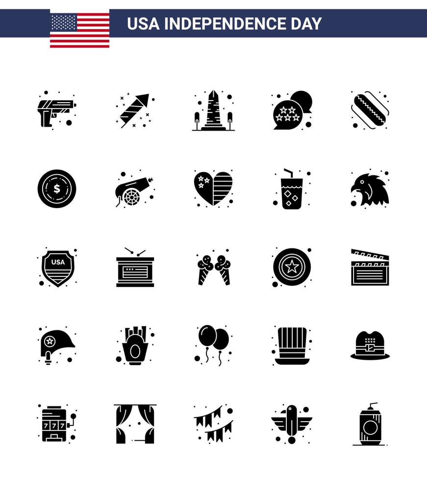 feliz día de la independencia 4 de julio conjunto de 25 pictogramas americanos de glifo sólido de la estrella estadounidense hito estados unidos washington elementos de diseño vectorial editables del día de estados unidos vector