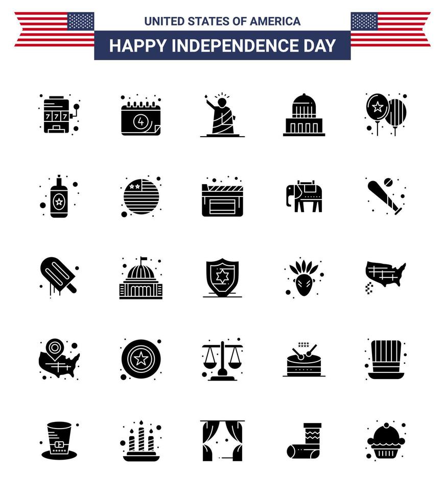 Happy Independence Day USA Pack of 25 Creative Solid Glyph of balloons landmark landmarks city usa Editable USA Day Vector Design Elements