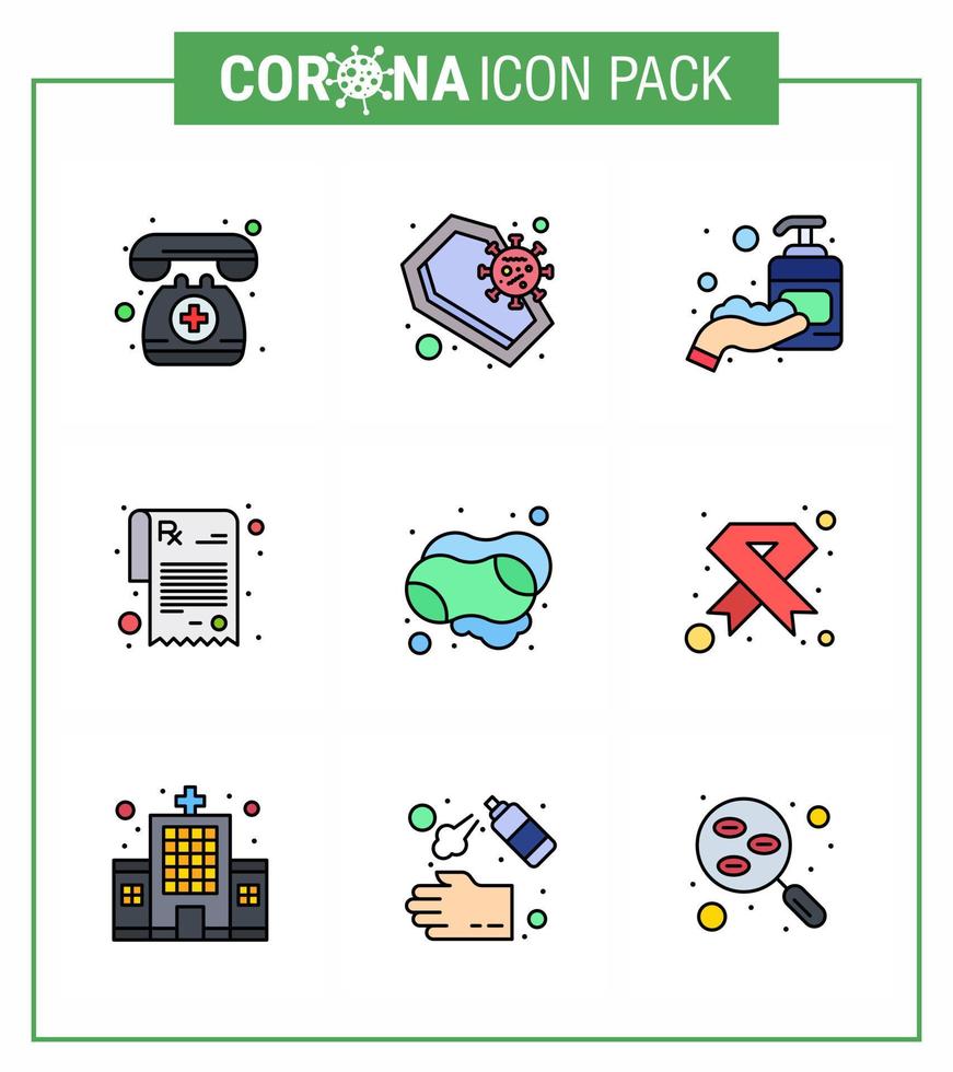 9 Filled Line Flat Color Corona Virus pandemic vector illustrations hand rx skull prescription sanitizer viral coronavirus 2019nov disease Vector Design Elements