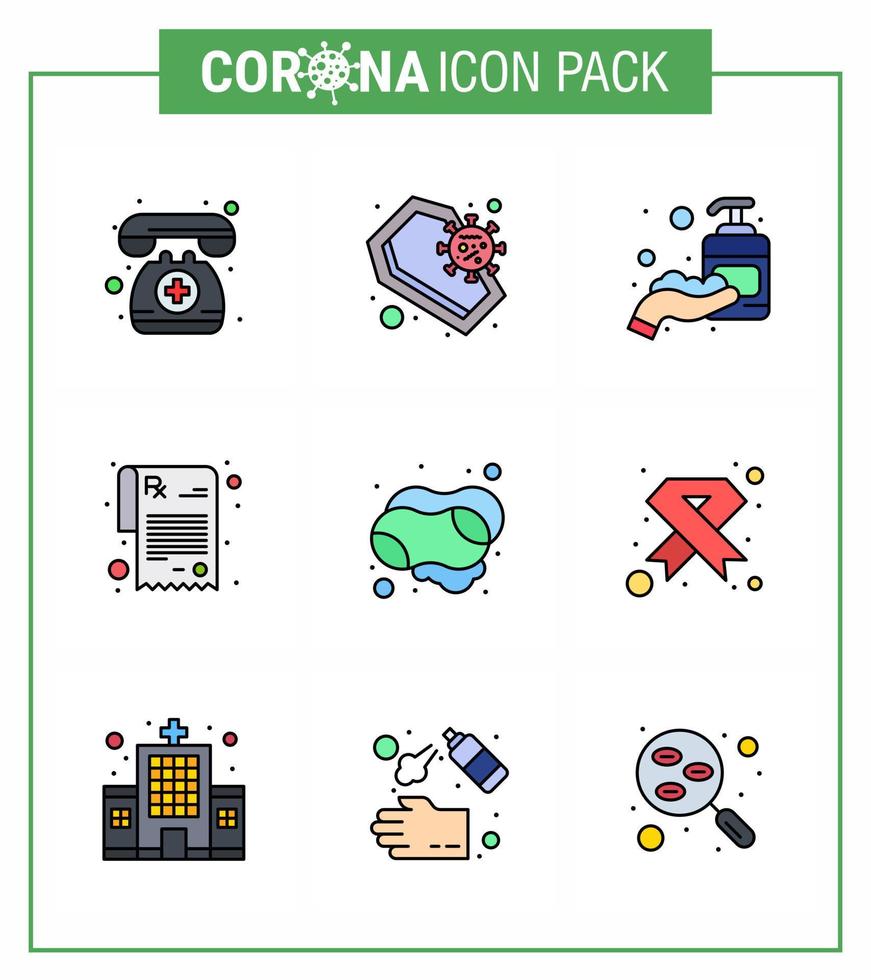 9 Filled Line Flat Color Corona Virus pandemic vector illustrations hand rx skull prescription sanitizer viral coronavirus 2019nov disease Vector Design Elements