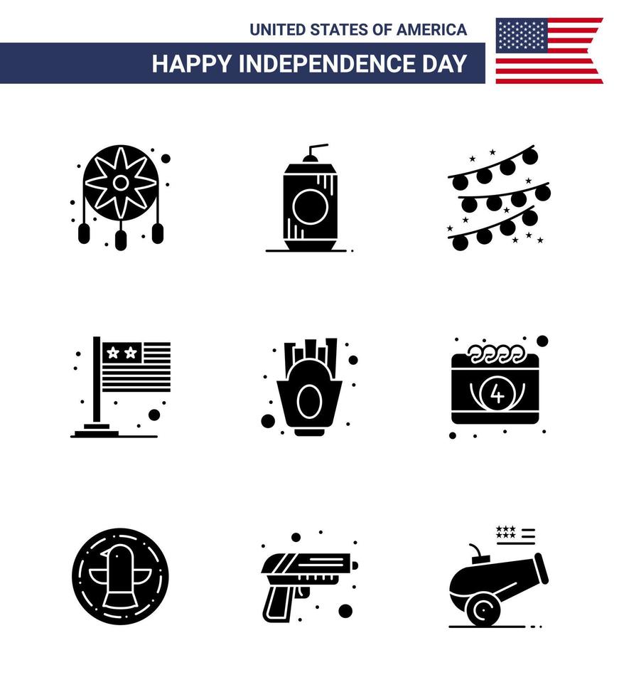 Editable Vector Line Pack of USA Day 9 Simple Solid Glyphs of fries chips buntings usa flag Editable USA Day Vector Design Elements