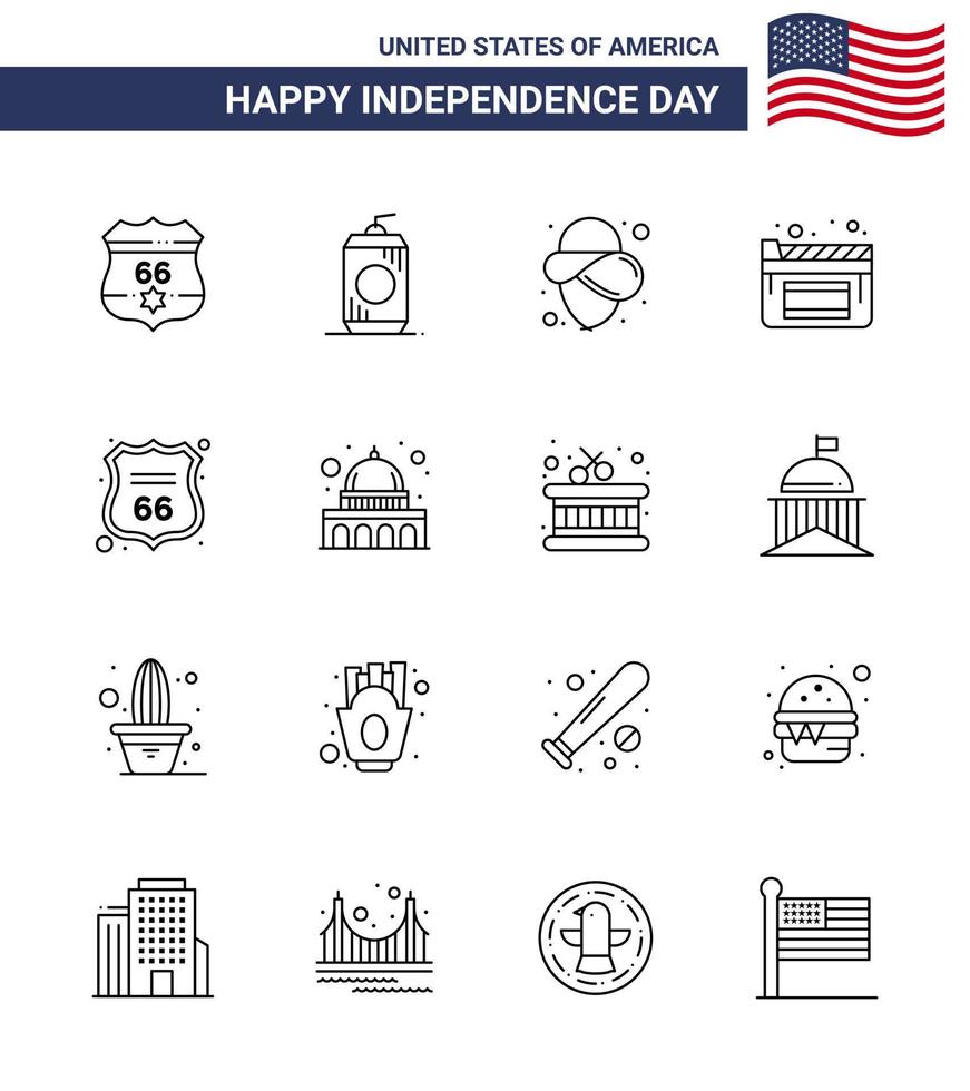 Happy Independence Day USA Pack of 16 Creative Lines of american shield usa security movies Editable USA Day Vector Design Elements