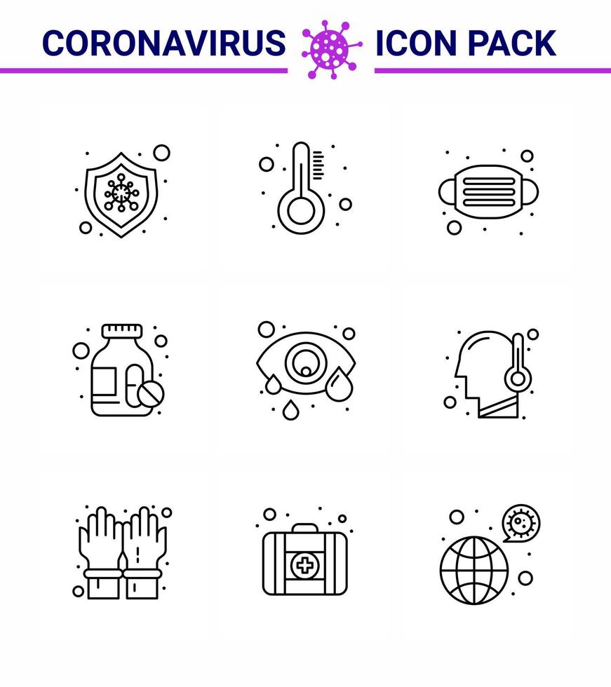 corona virus enfermedad paquete de iconos de 9 líneas chupar como infección ocular conjuntivitis pastillas para la cara drogas coronavirus viral 2019nov enfermedad vector elementos de diseño