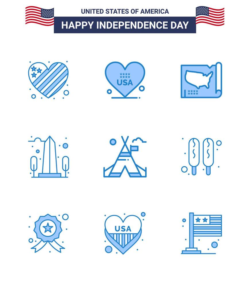 paquete de 9 signos de blues de celebración del día de la independencia de EE. UU. Y símbolos del 4 de julio, como elementos de diseño de vector de día de EE. UU.