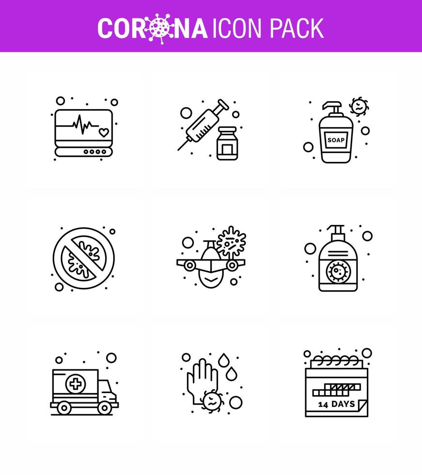 CORONAVIRUS 9 Line Icon set on the theme of Corona epidemic contains icons such as airplane virus bottle security bacteria viral coronavirus 2019nov disease Vector Design Elements