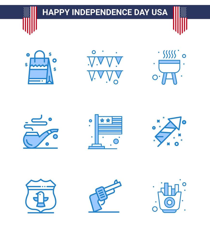 USA Independence Day Blue Set of 9 USA Pictograms of celebration international bbq flag st Editable USA Day Vector Design Elements