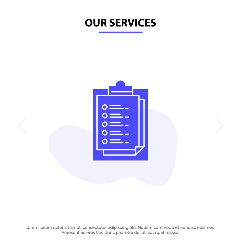 Our Services Notepad Report Card Result Presentation Solid Glyph Icon Web card Template vector