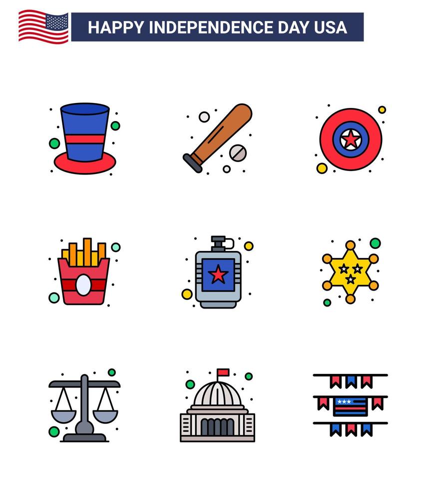 conjunto de 9 líneas planas vectoriales llenas el 4 de julio, día de la independencia de estados unidos, como matraz alcohólico, papas fritas de estados unidos, elementos de diseño vectorial editables rápidos del día de estados unidos vector