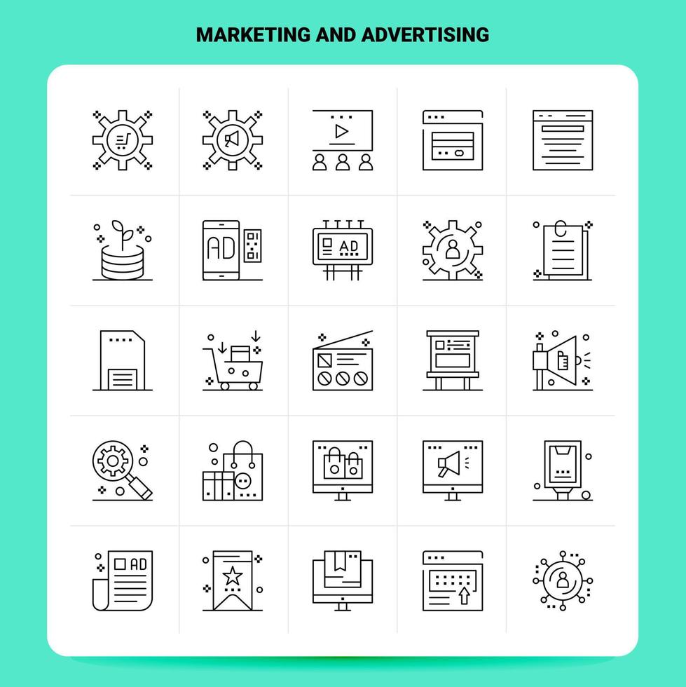 OutLine 25 Marketing And Advertising Icon set Vector Line Style Design Black Icons Set Linear pictogram pack Web and Mobile Business ideas design Vector Illustration