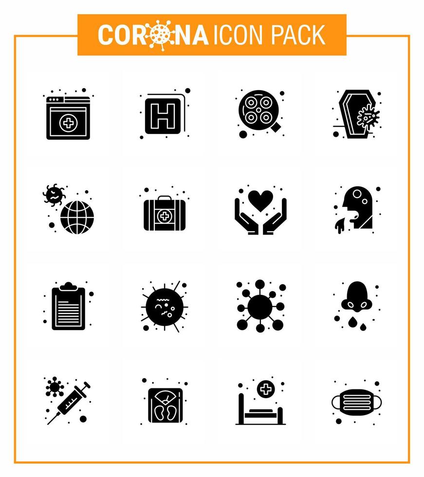 CORONAVIRUS 16 Solid Glyph Black Icon set on the theme of Corona epidemic contains icons such as infection disease surgery skull death viral coronavirus 2019nov disease Vector Design Elements