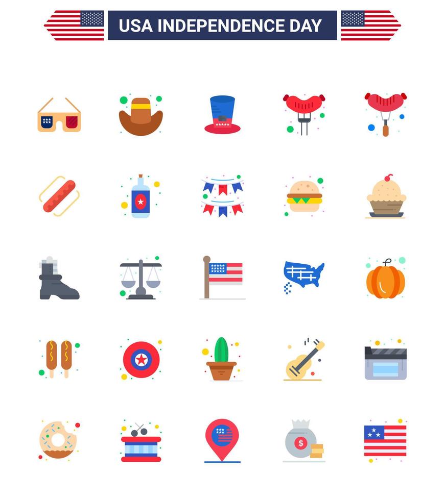 Set of 25 Modern Flats pack on USA Independence Day states american hat america frankfurter Editable USA Day Vector Design Elements