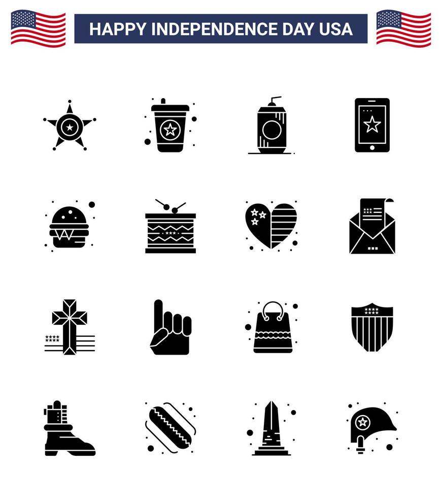Big Pack of 16 USA Happy Independence Day USA Vector Solid Glyphs and Editable Symbols of food burger cola ireland phone Editable USA Day Vector Design Elements
