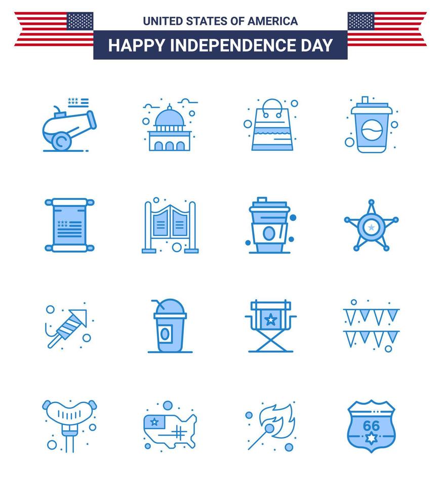 USA Happy Independence DayPictogram Set of 16 Simple Blues of scroll drink white cola shop Editable USA Day Vector Design Elements